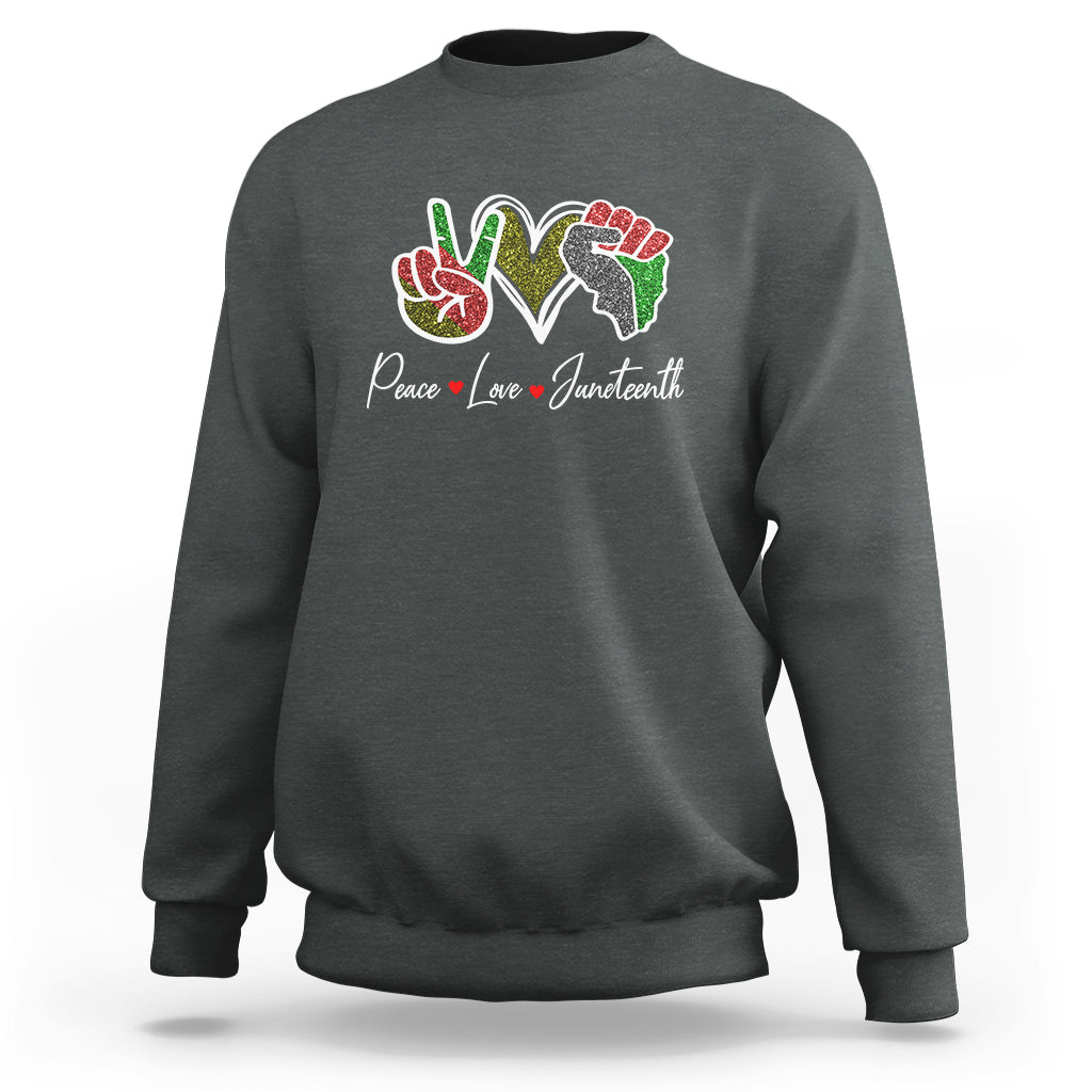 Light gray Juneteenth sweatshirt with colorful peace-love graphic on chest