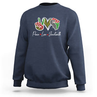Navy Juneteenth sweatshirt with colorful peace-love graphic on chest