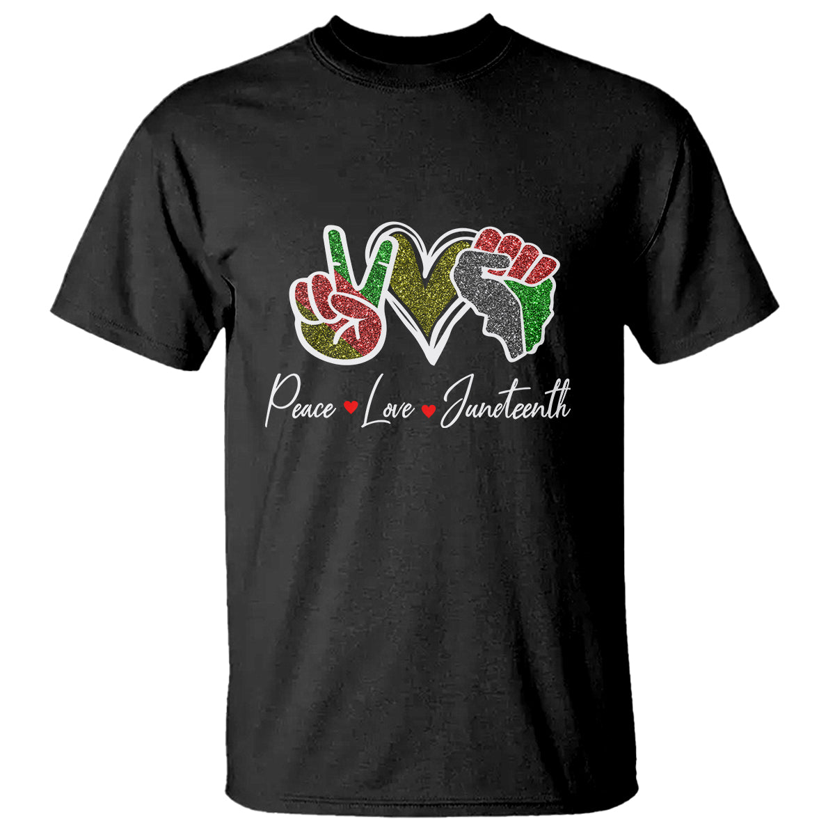 Black crew-neck T-shirt with colorful peace, love, Juneteenth graphic