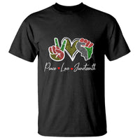 Black crew-neck T-shirt with colorful peace, love, Juneteenth graphic