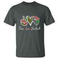 Charcoal crew-neck T-shirt with colorful peace, love, Juneteenth graphic