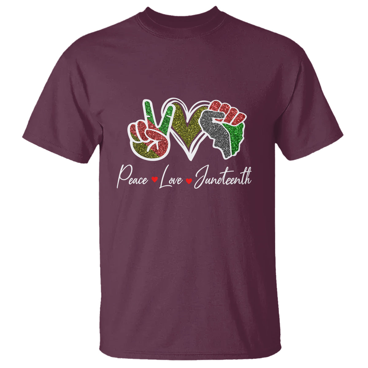 Burgundy crew-neck T-shirt with colorful peace, love, Juneteenth graphic
