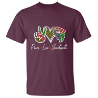 Burgundy crew-neck T-shirt with colorful peace, love, Juneteenth graphic