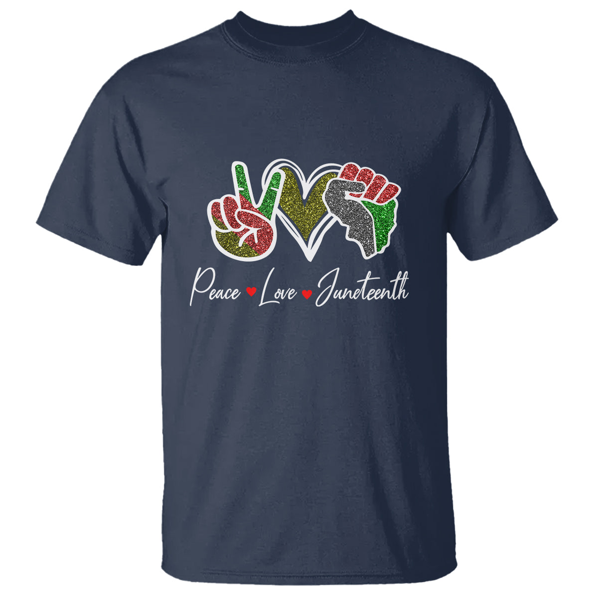 Navy crew-neck T-shirt with colorful peace, love, Juneteenth graphic