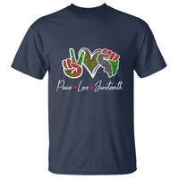 Navy crew-neck T-shirt with colorful peace, love, Juneteenth graphic