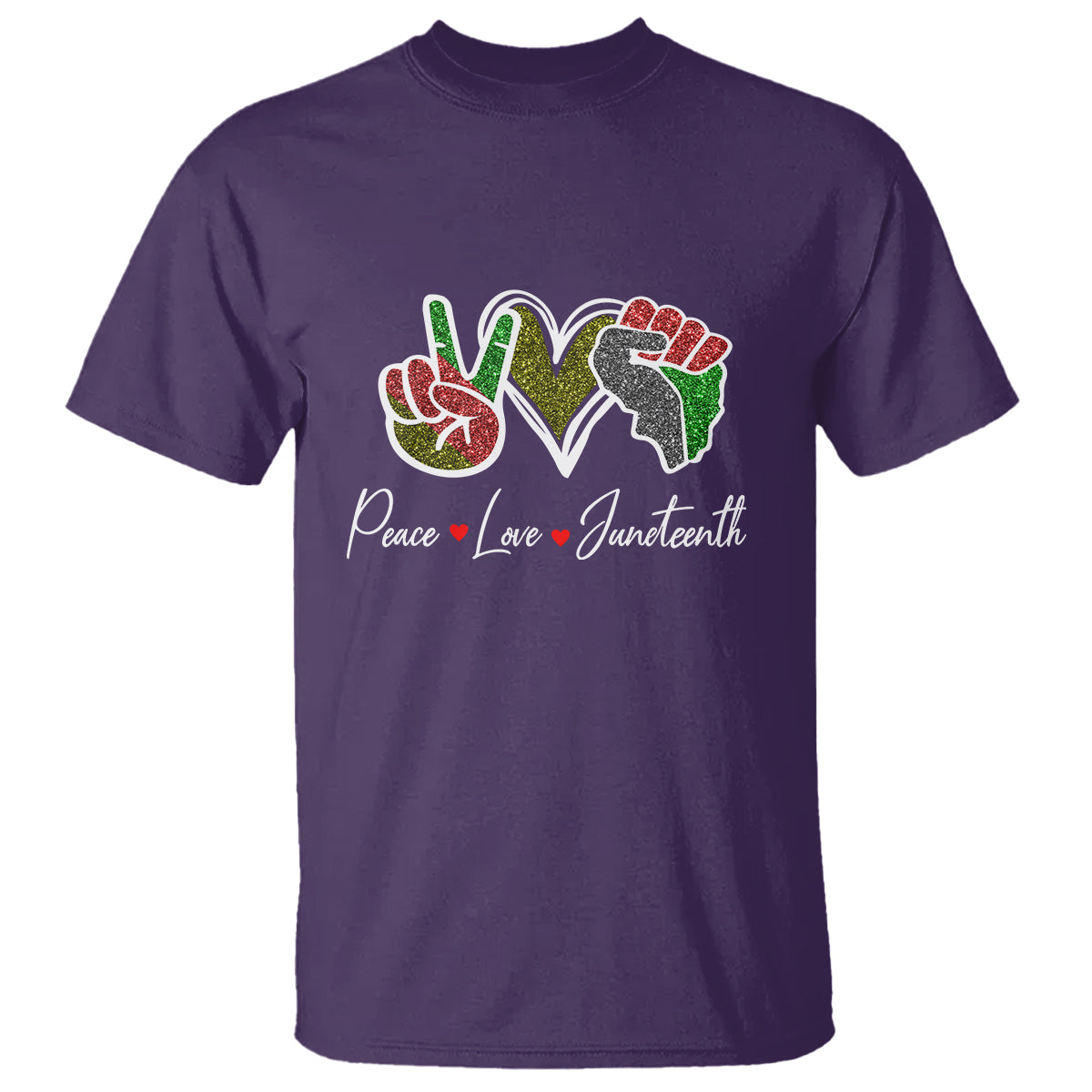 Purple crew-neck T-shirt with colorful peace, love, Juneteenth graphic