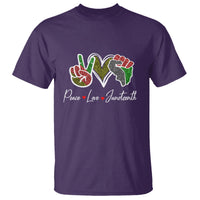 Purple crew-neck T-shirt with colorful peace, love, Juneteenth graphic