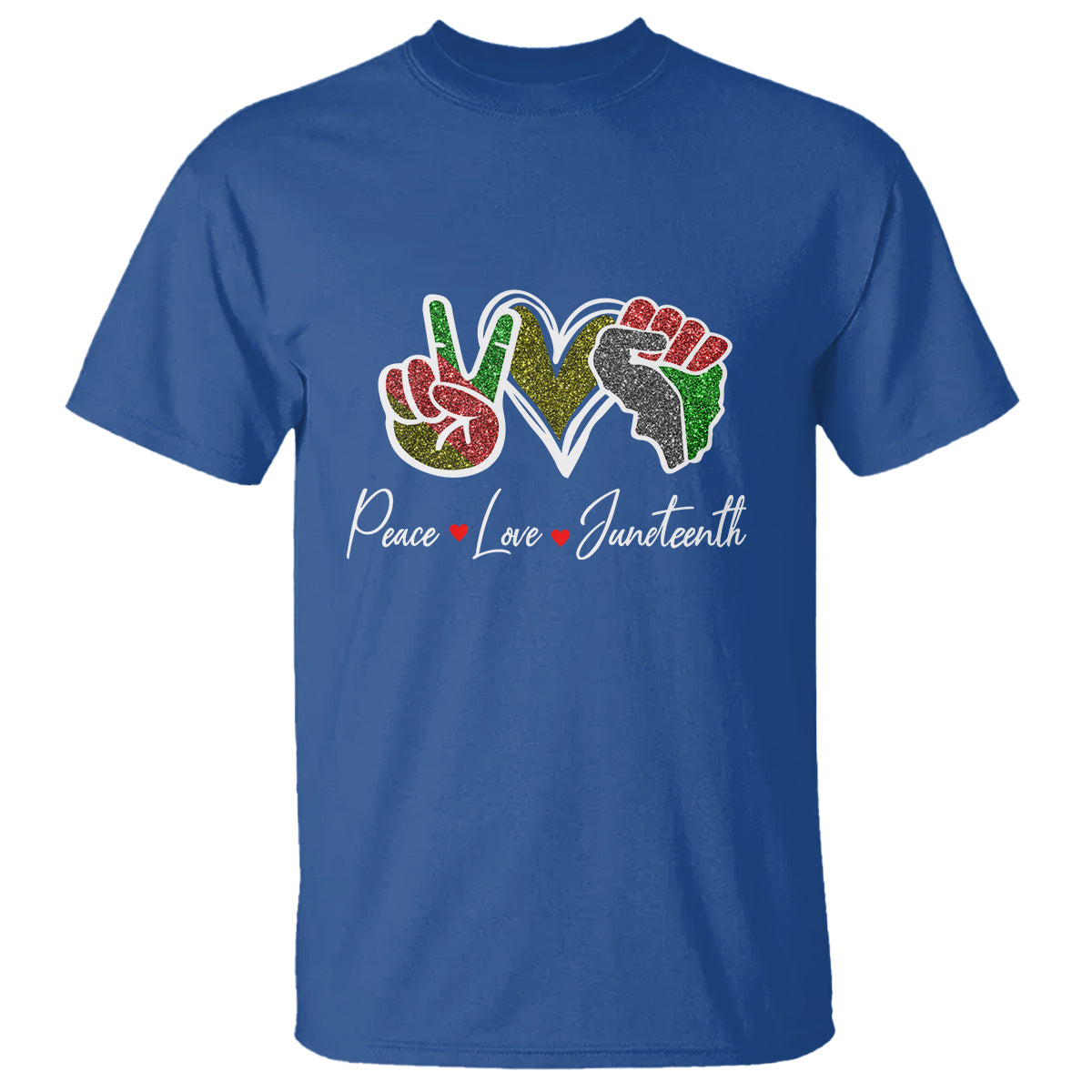 Royal blue crew-neck T-shirt with colorful peace, love, Juneteenth graphic