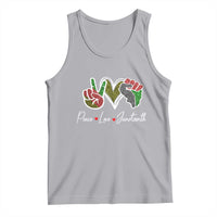 Gray Juneteenth tank top with colorful peace, love, and Juneteenth heart graphic
