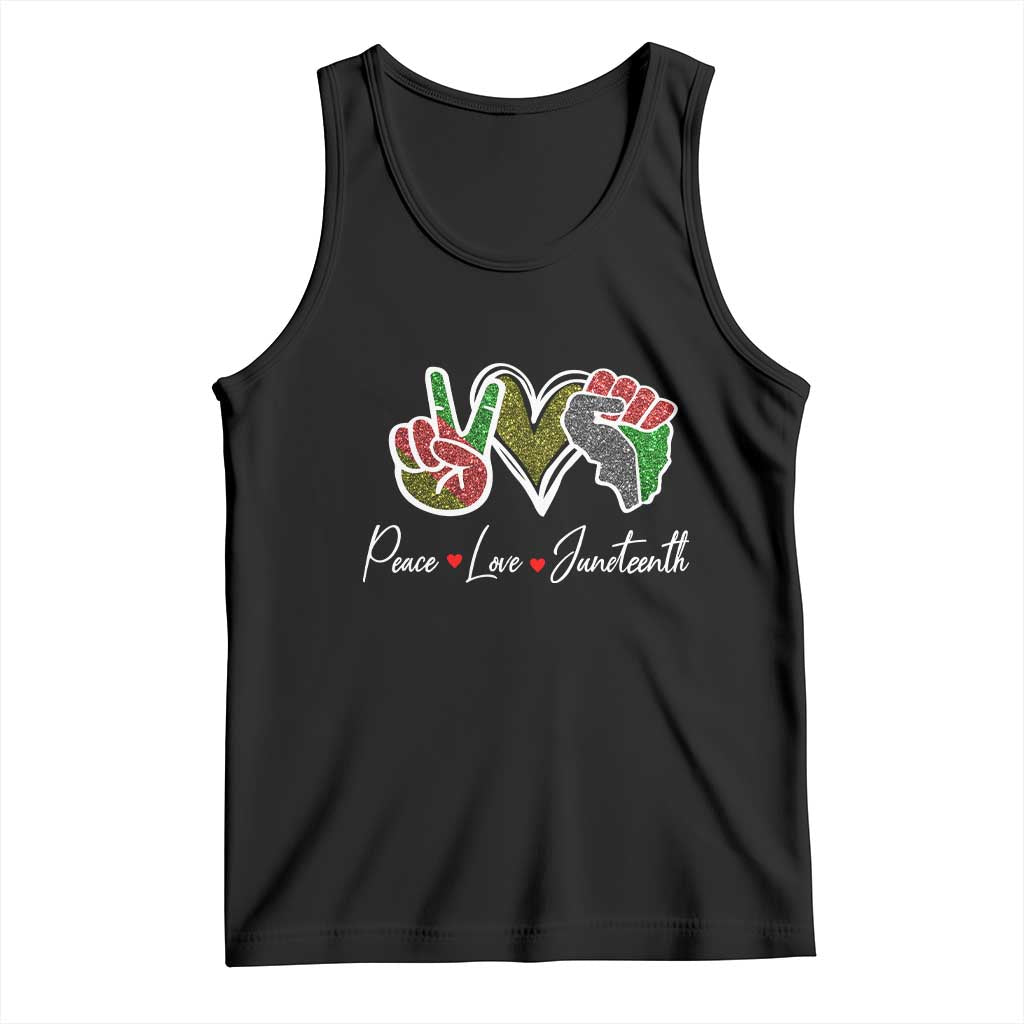 Black sleeveless tank top with Peace Love Juneteenth heart graphic