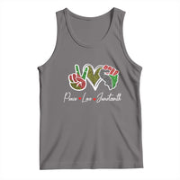Dark gray Juneteenth tank top with colorful peace heart and slogan graphic