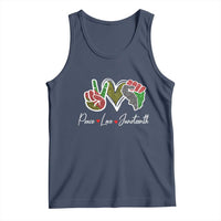 Navy sleeveless tank with front “Peace love Juneteenth” graphic