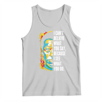 Light gray sleeveless tank top with colorful portrait graphic on the front