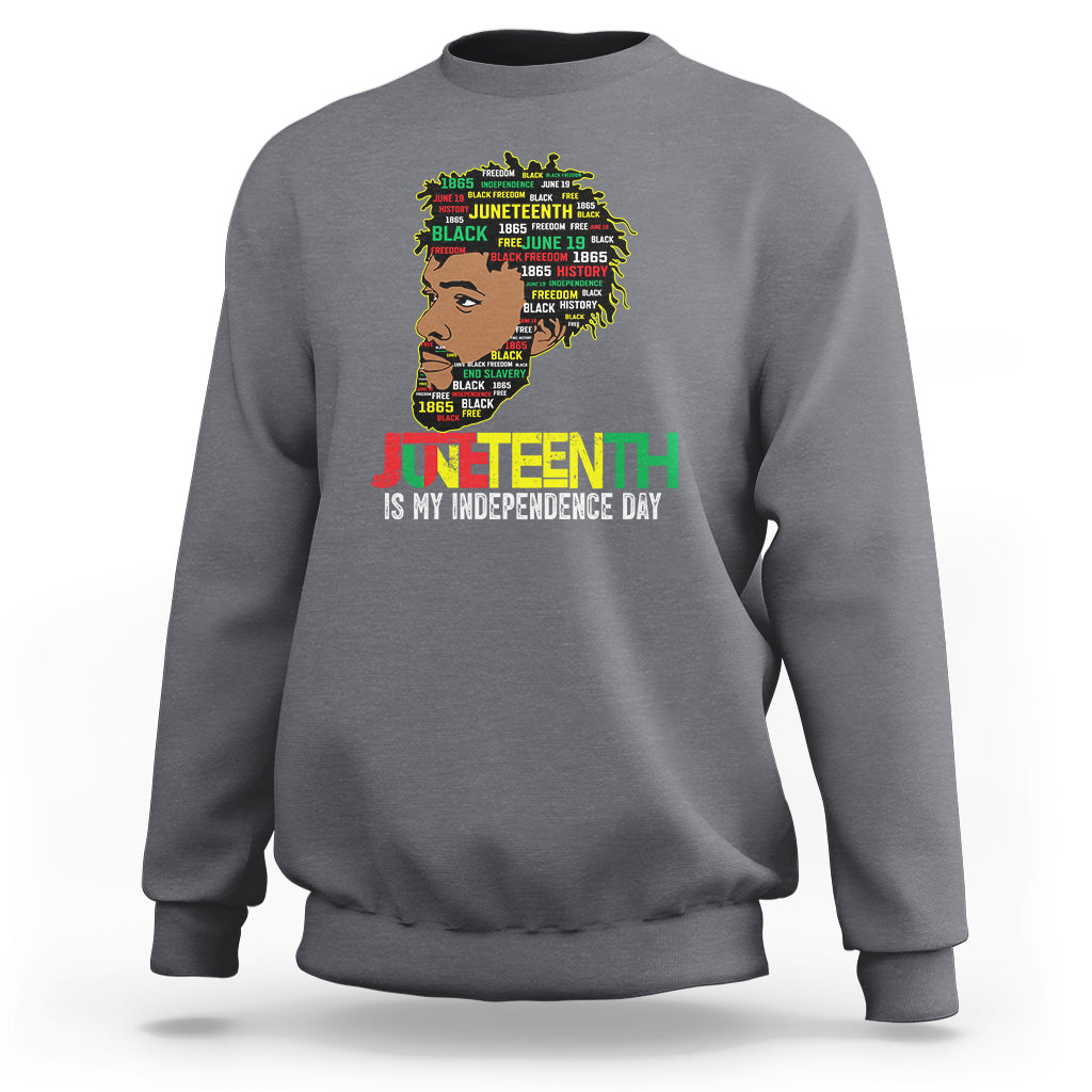 Charcoal gray crewneck sweatshirt with Juneteenth Independence Day graphic on chest.