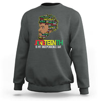 Gray crewneck sweatshirt with Juneteenth Independence Day graphic on chest.