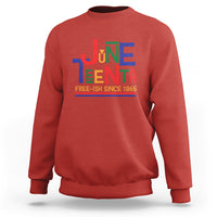 Red crewneck sweatshirt with multicolor Juneteenth graphic, 'FREE-ISH SINCE 1865'