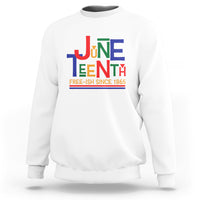 White crewneck sweatshirt with multicolor Juneteenth graphic, 'FREE-ISH SINCE 1865'