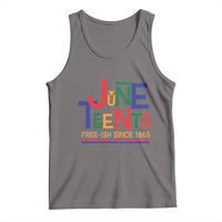 Gray Juneteenth tank top with colorful “Juneteenth” and “Free-ish since 1865” graphic