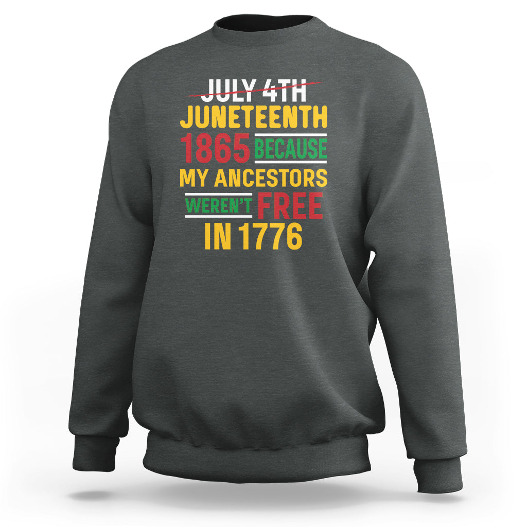 Dark heather gray crewneck sweatshirt with colorful Juneteenth and July 4th back graphic