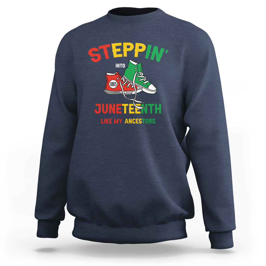 Slate blue crewneck sweatshirt with colorful 'Steppin' Juneteenth sneaker graphic