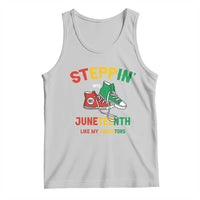 Light gray sleeveless tank top with colorful Juneteenth text and sneaker graphic