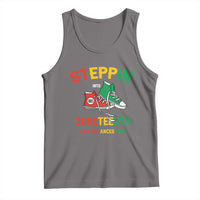 Dark gray tank top with colorful sneakers and Juneteenth graphic on chest