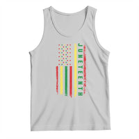 Juneteenth American flag graphic tank top, light gray sleeveless with vertical text