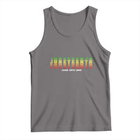 Gray tank top with multicolor Juneteenth graphic and text at chest
