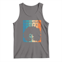 Gray sleeveless tank top with multicolor front graphic print