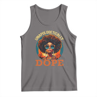 Women’s dark gray tank top with sleeveless crew neck and “UNAPOLOGETICALLY DOPE” graphic