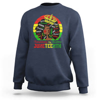 Navy women's sweatshirt with front crown portrait graphic, 'Remembering my Ancestors' and 'JUNETEENTH'