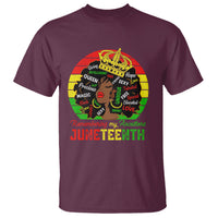 Maroon women’s T-shirt with circular face graphic and “Remembering my Ancestors” Juneteenth