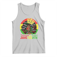 Women's gray tank top with colorful circular Juneteenth graphic and slogan