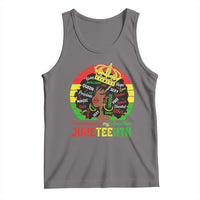 Women’s dark tank top with Juneteenth graphic and circular words on front