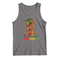 Women’s heather gray tank top with Juneteenth graphic portrait and floral accents