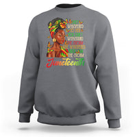 Charcoal women's crewneck sweatshirt with Juneteenth back graphic and text