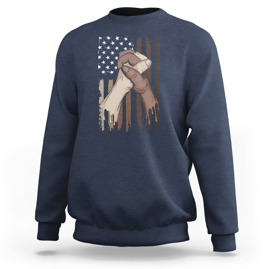 Navy sweatshirt with US flag and hands graphic, crewneck long sleeves