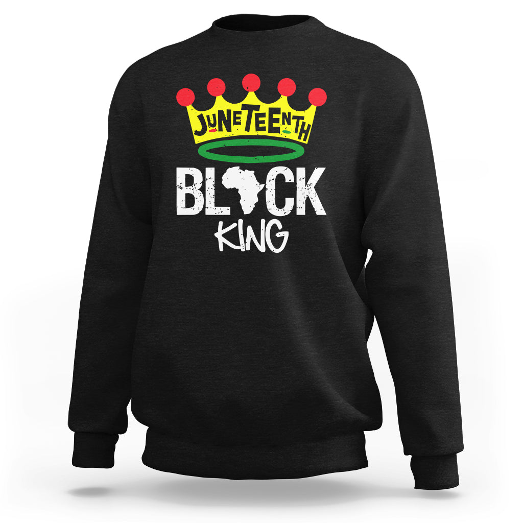 Black crewneck sweatshirt with 'JUNETEENTH' crown and 'BLACK KING' graphic