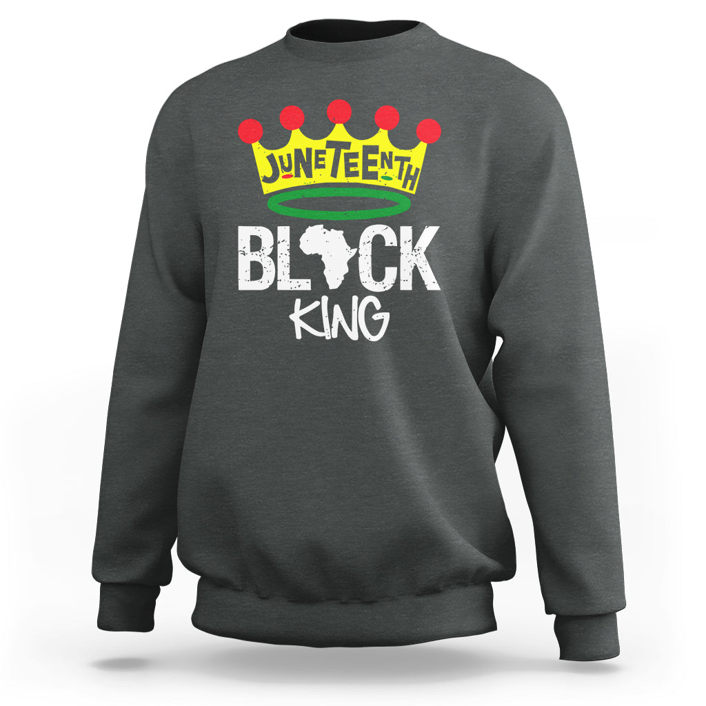 Dark heather gray crewneck sweatshirt with 'JUNETEENTH' crown and 'BLACK KING' graphic