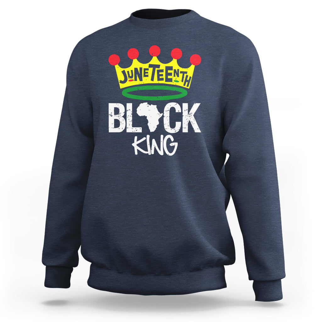 Navy crewneck sweatshirt with 'JUNETEENTH' crown and 'BLACK KING' graphic