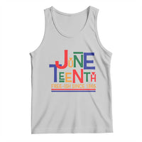 Light gray sleeveless tank top with Juneteenth graphic text and scoop neckline