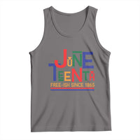 Dark gray Juneteenth graphic tank top, sleeveless crew neck, Free-Ish since 1865