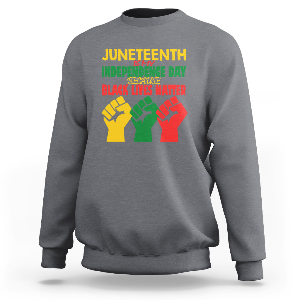 Dark heather gray Juneteenth crewneck sweatshirt with Black Lives Matter chest graphic