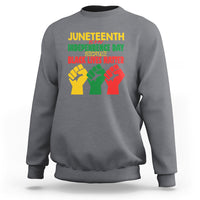 Dark heather gray Juneteenth crewneck sweatshirt with Black Lives Matter chest graphic
