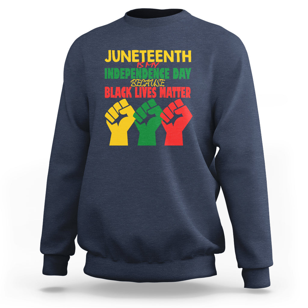 Navy Juneteenth crewneck sweatshirt with Black Lives Matter chest graphic