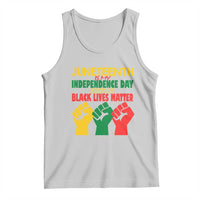 Light gray tank top with rainbow Juneteenth text and raised fist graphic.