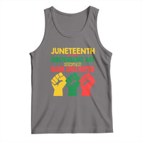 Heather gray tank top with Juneteenth independence day text and fist graphic and Black Lives Matter