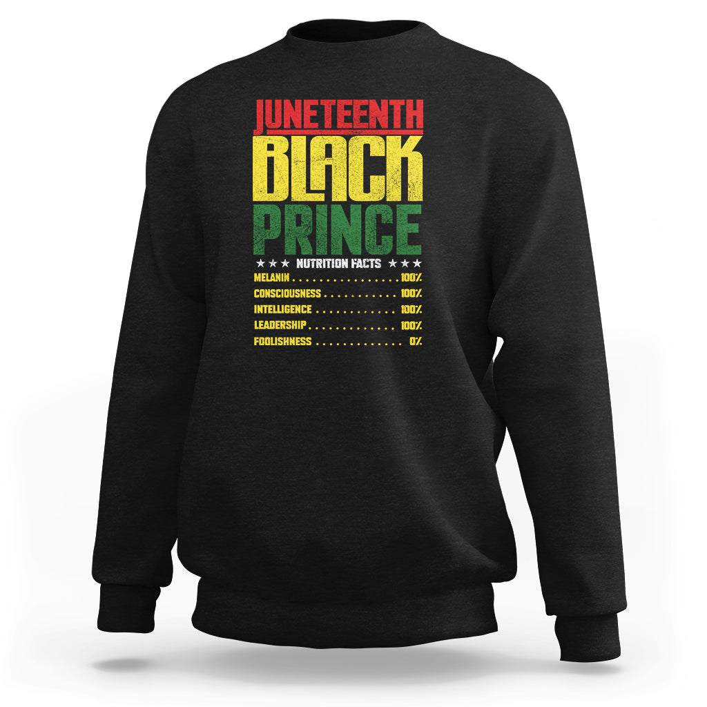 Crewneck sweatshirt in black with Juneteenth Black Prince nutrition-style print