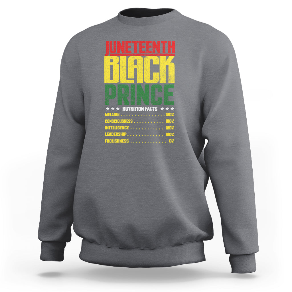 Crewneck sweatshirt in gray with Juneteenth Black Prince nutrition-style print