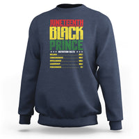 Crewneck sweatshirt in navy with Juneteenth Black Prince nutrition-style print
